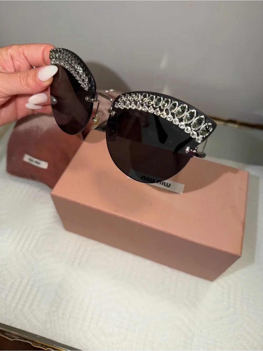 Authentic Miu Miu Black Crystal Brow Round Sunglasses